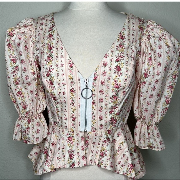 NWOT Revolve Petersyn Mimi Zip Peplum Top Beige Pink Sz Small Cottage Victorian - Picture 3 of 15